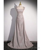 Shiny Silver Simple Long Pleats Prom Dresses with Off Shoulder Straps