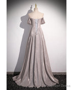 Shiny Silver Simple Long Pleats Prom Dresses with Off Shoulder Straps