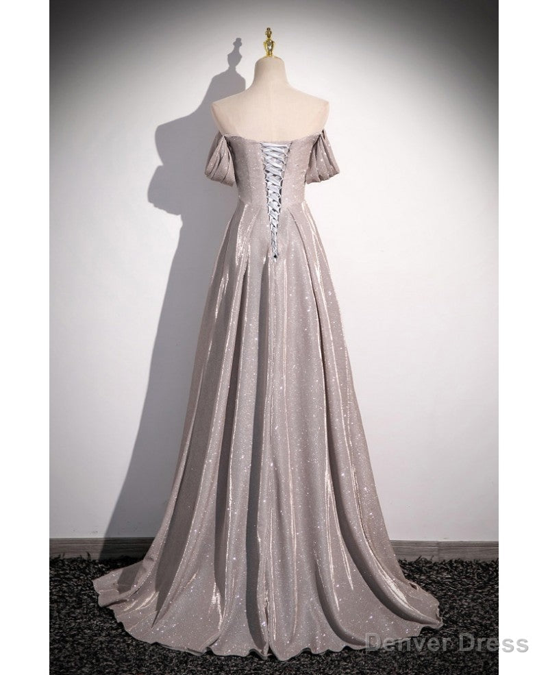 Shiny Silver Simple Long Pleats Prom Dresses with Off Shoulder Straps