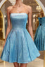 Shiny Strapless Blue Short Prom Dress, Open Back Blue Homecoming Dress, Blue Prom Dresses