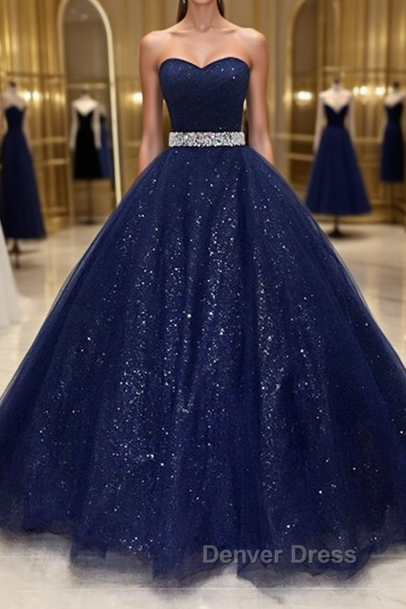 Shiny Strapless Dark Blue Long Prom Dresses, Dark Blue Long Prom Gowns Main image