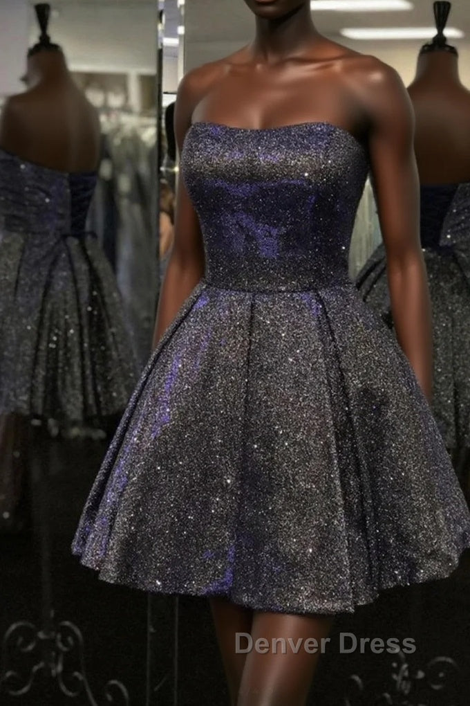 Shiny Strapless Open Back Short Black Prom Dress, Open Back Black Homecoming Dress, Black Prom Dresses Main image
