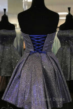 Shiny Strapless Open Back Short Black Prom Dress, Open Back Black Homecoming Dress, Black Prom Dresses
