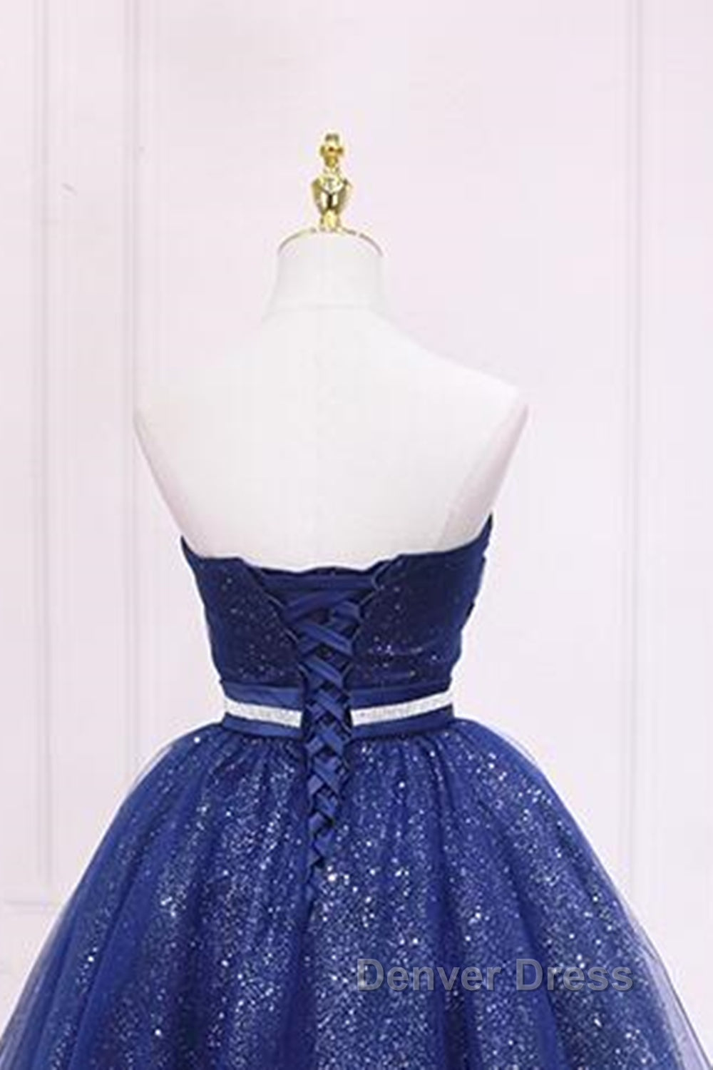 Shiny Strapless Sweetheart Neck Blue Short Prom Homecoming Dress with Belt, Sparkly Blue Prom Dresses