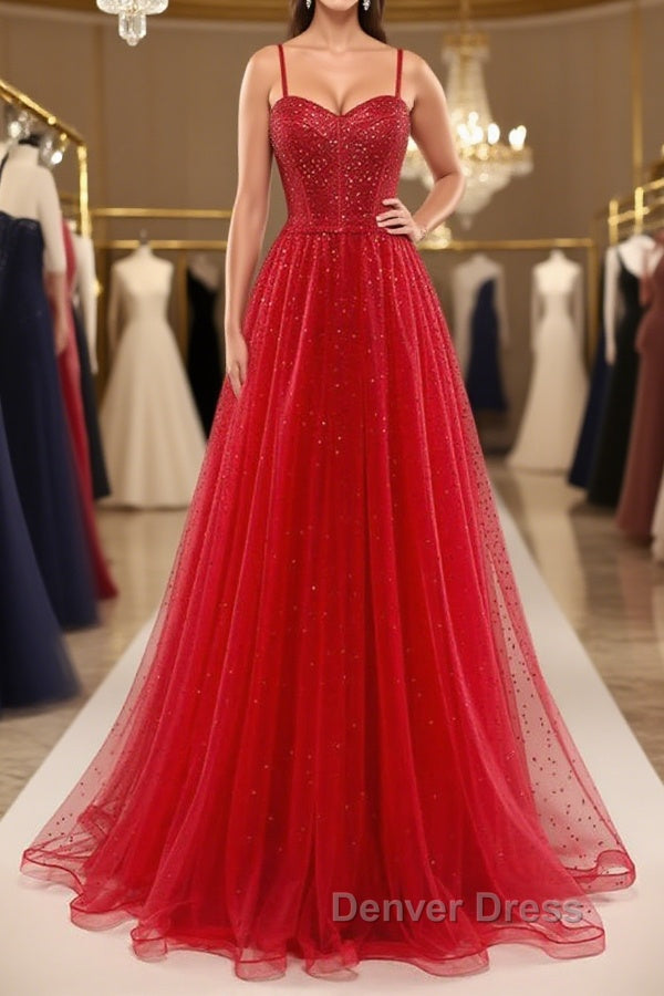 Shiny Sweetheart Neck Red Tulle Beaded Long Prom Dress, Open Back Red Tulle Prom Graduation Prom Dresses