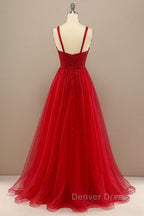 Shiny Sweetheart Neck Red Tulle Beaded Long Prom Dress, Open Back Red Tulle Prom Graduation Prom Dresses