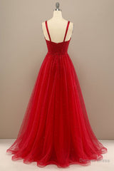 Shiny Sweetheart Neck Red Tulle Beaded Long Prom Dresses, Open Back Red Tulle Formal Graduation Evening Dresses