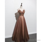 Shiny Tulle Beaded Long Straps Floor Length Party Dress, A-line Prom Gown