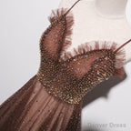Shiny Tulle Beaded Long Straps Floor Length Prom Dresses, A Line Prom Gowns