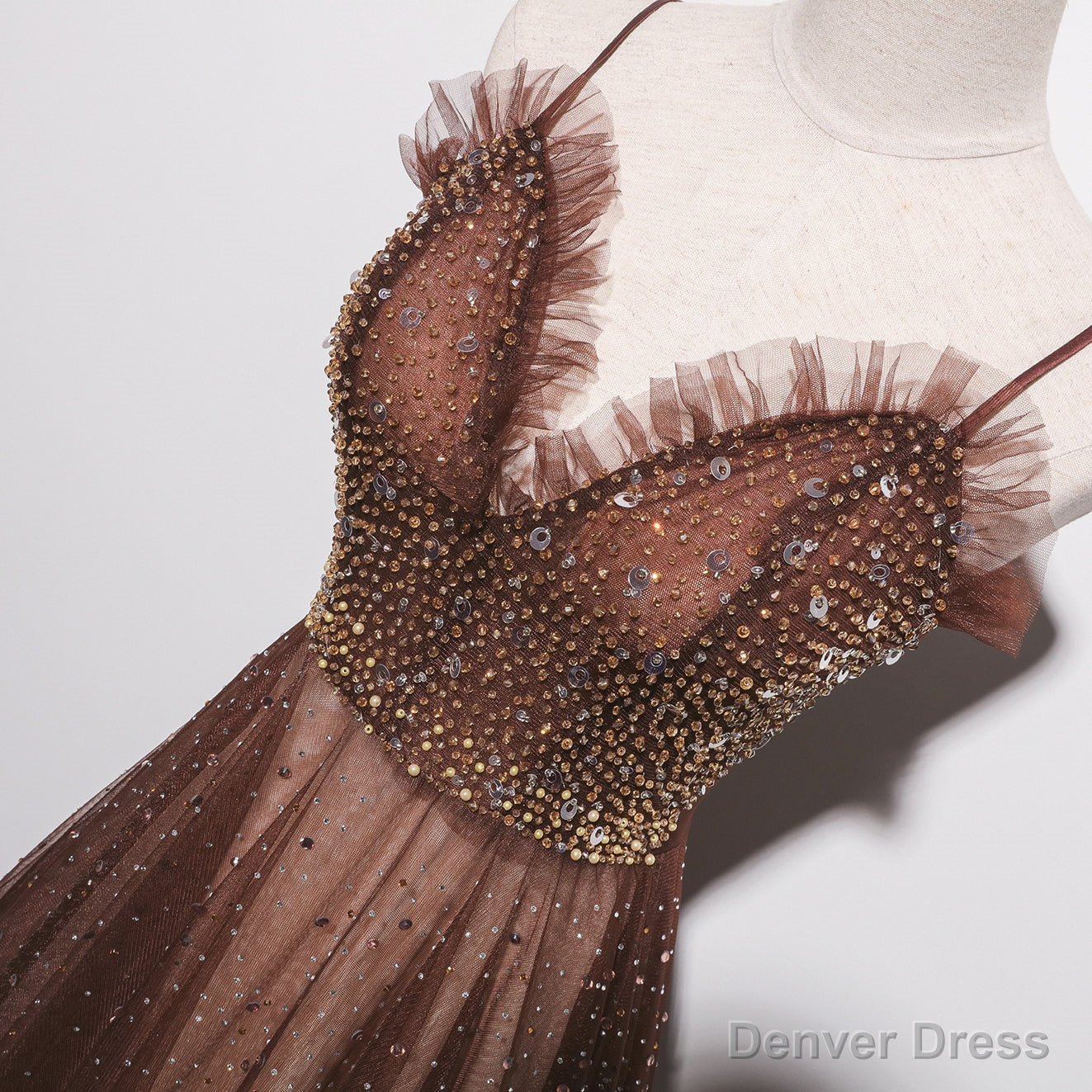 Shiny Tulle Beaded Long Straps Floor Length Prom Dresses, A Line Prom Gowns