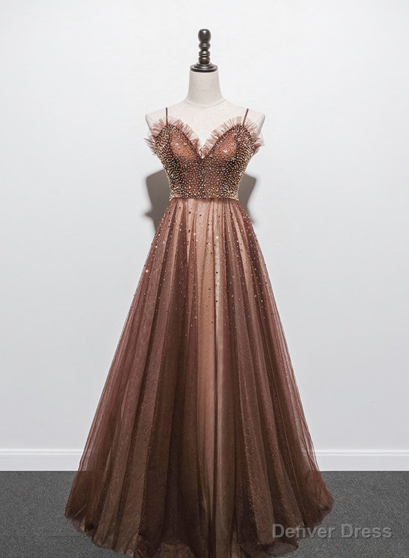Shiny Tulle Beaded Long Straps Floor Length Prom Dresses, A Line Prom Gowns