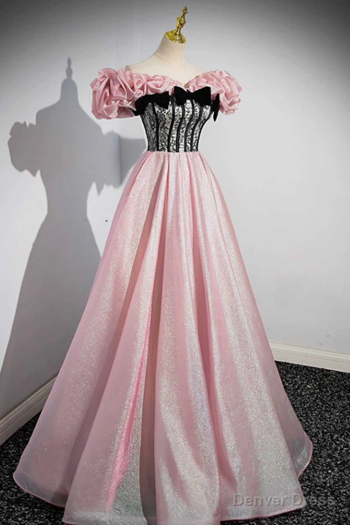 Shiny Tulle Long A Line Pink Corset Prom Dress, Off the Shoulder Prom Dresses