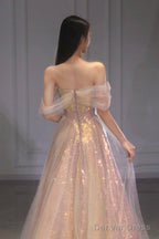 Shiny Tulle Long Prom Dress With Sequins, Off The Shoulder Evening Dress