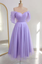 Shiny Tulle Off the Shoulder Tea Length Prom Dress, Homecoming Dress, Off Shoulder Prom Graduation Prom Dresses