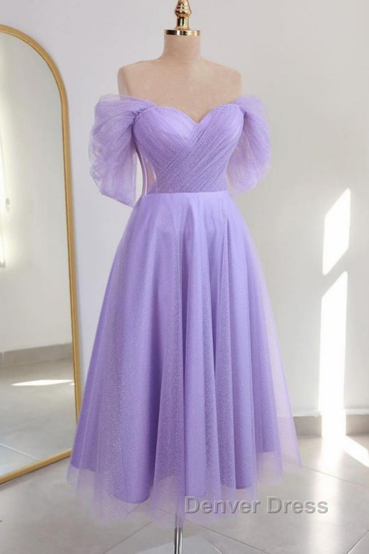 Shiny Tulle Off the Shoulder Tea Length Prom Dress, Homecoming Dress, Off Shoulder Prom Graduation Prom Dresses