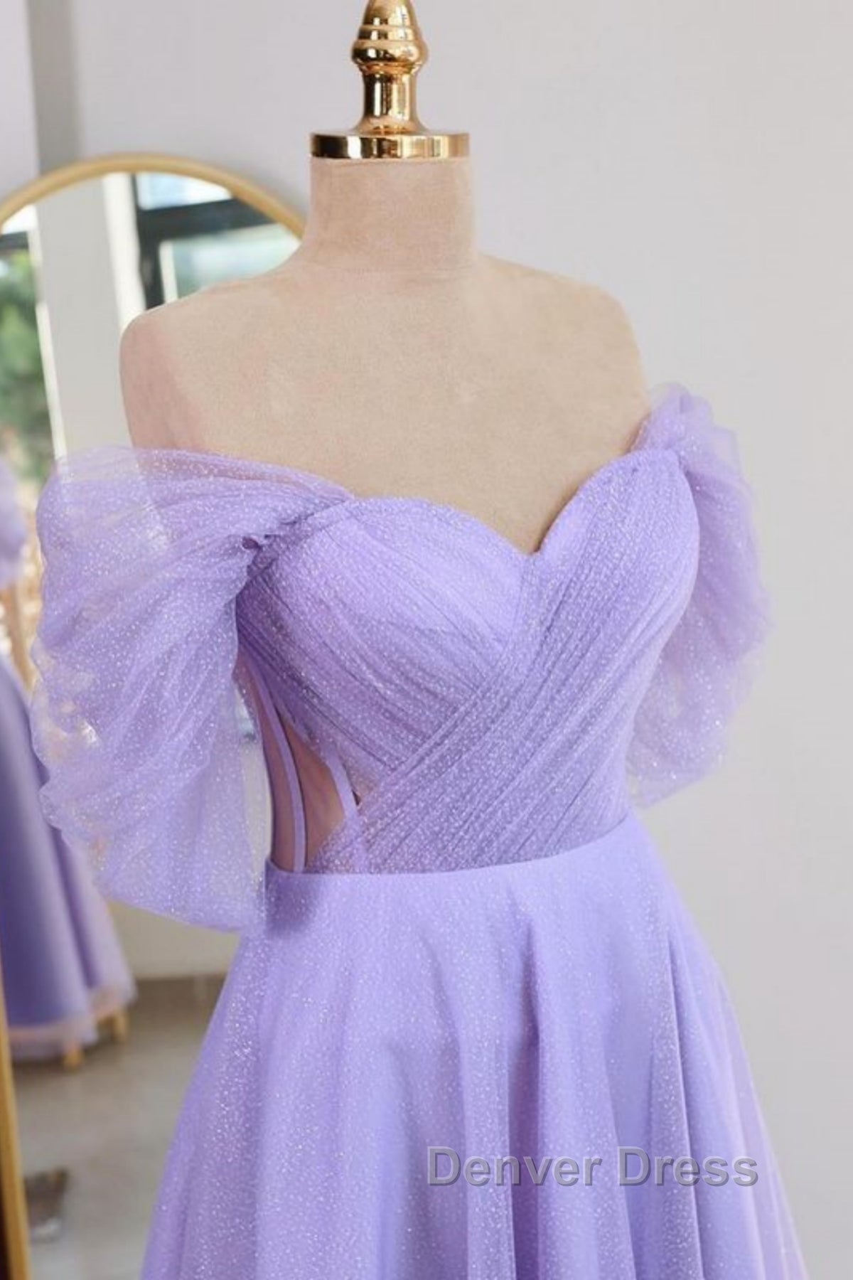 Shiny Tulle Off the Shoulder Tea Length Prom Dress, Homecoming Dress, Off Shoulder Prom Graduation Prom Dresses