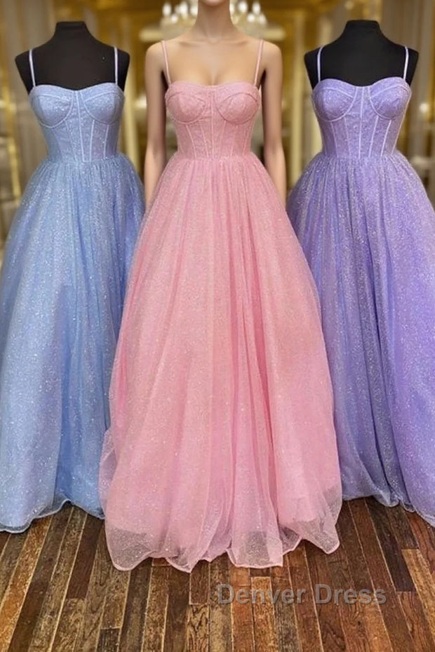 Shiny Tulle Open Back Long Prom Dress, Long Tulle Prom Graduation Prom Dresses Main image