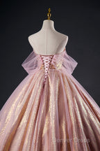 Shiny Tulle Sequins Long Prom Dresses, Beautiful Pink Formal Dresses Sweet 16 Dresses
