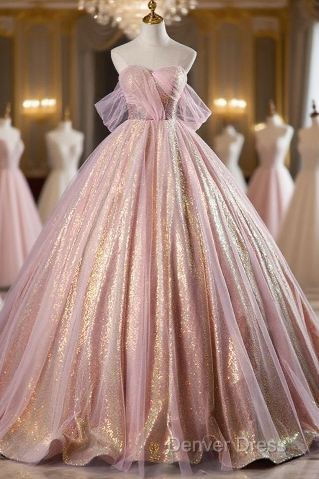 Shiny Tulle Sequins Long Prom Dresses, Beautiful Pink Formal Dresses Sweet 16 Dresses Main image