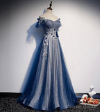 Shiny tulle sequins long prom dress blue evening dress