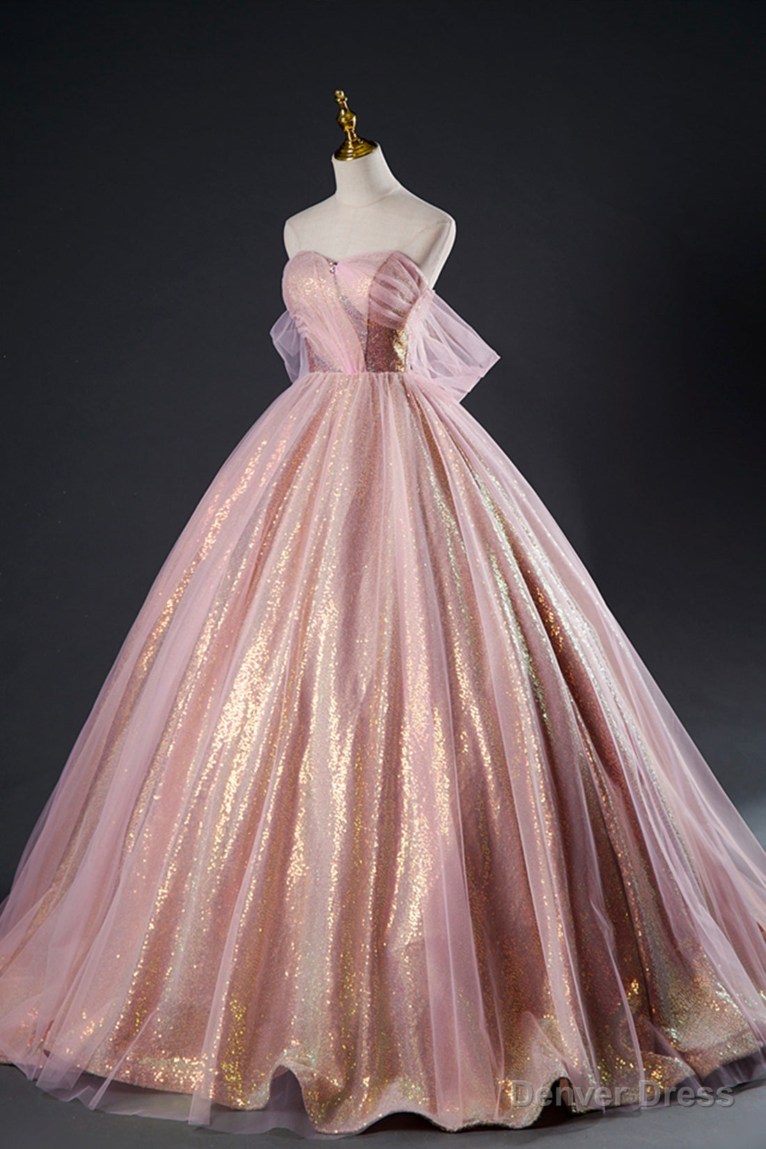 Shiny Tulle Sequins Long Prom Dress, Pink Prom Dress Sweet 16 Dresses
