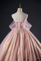 Shiny Tulle Sequins Long Prom Dress, Pink Prom Dress Sweet 16 Dresses