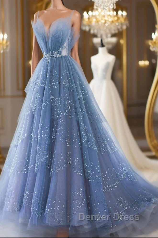 Shiny Tulle V Neck Blue Long Prom Dress, Blue Tulle Prom Dresses, Blue Ball Gowns