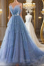 Shiny Tulle V Neck Blue Long Prom Dress, Blue Tulle Prom Dresses, Blue Ball Gowns