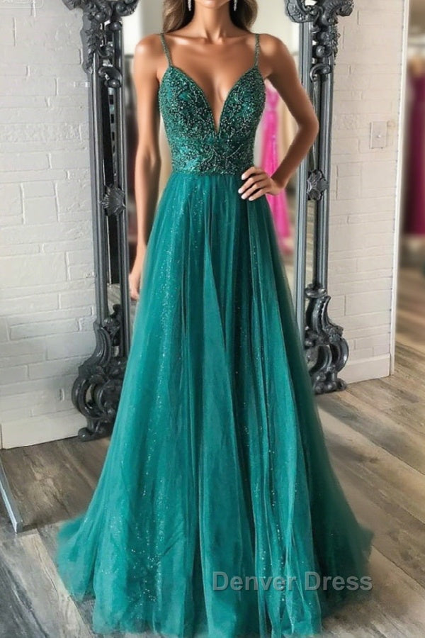 Shiny V Neck Backless Beaded Green Tulle Long Prom Dress, Green Lace Prom Dress, Beaded Prom Dresses
