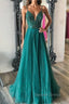 Shiny V Neck Backless Beaded Green Tulle Long Prom Dress, Green Lace Prom Dress, Beaded Prom Dresses