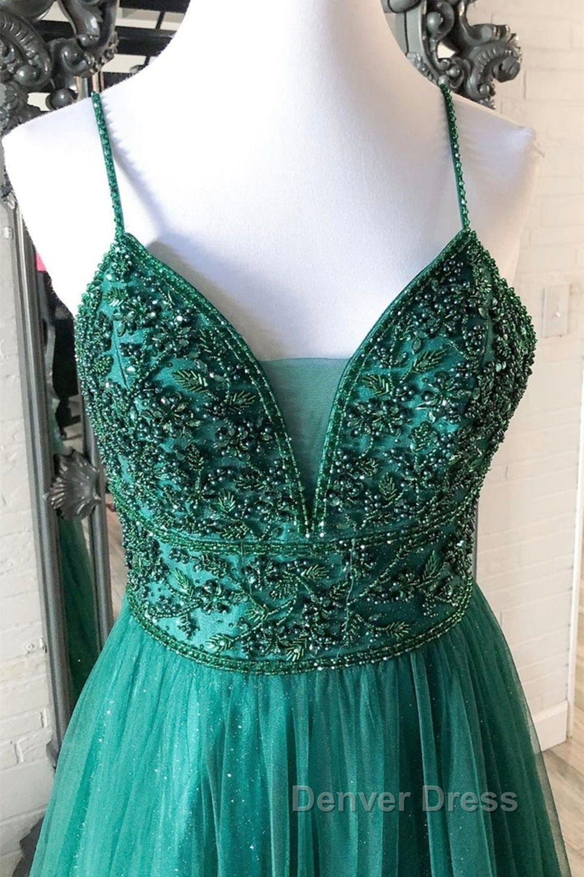 Shiny V Neck Backless Beaded Green Tulle Long Prom Dress, Green Lace Prom Dress, Beaded Prom Dresses