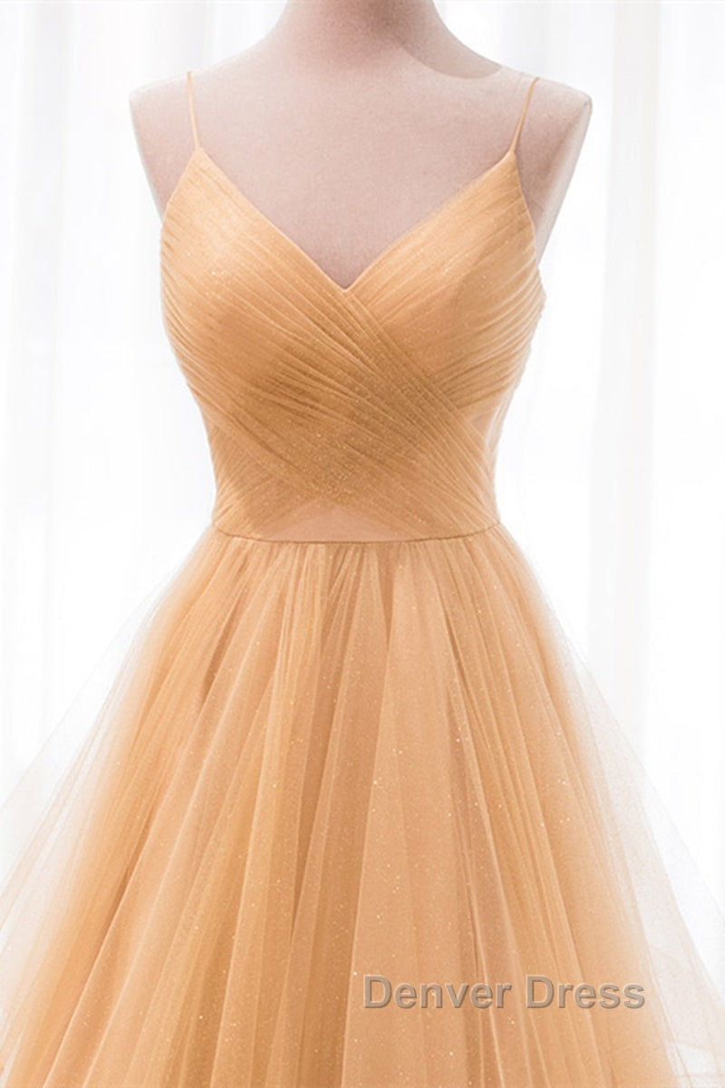 Shiny V Neck Backless Golden Long Prom Dress, Backless Golden Prom Dress, Golden Prom Dresses