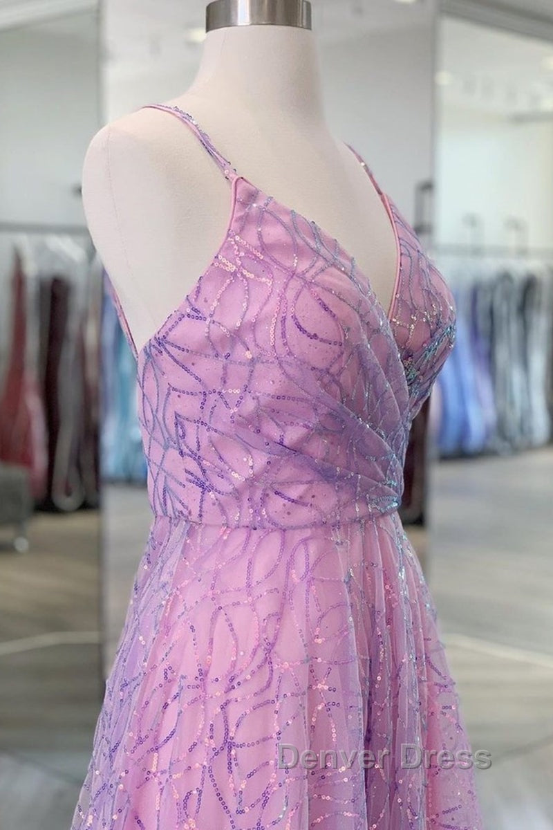 Shiny V Neck Backless Long Purple Prom Dress, Backless Lilac Prom Graduation Prom Dresses