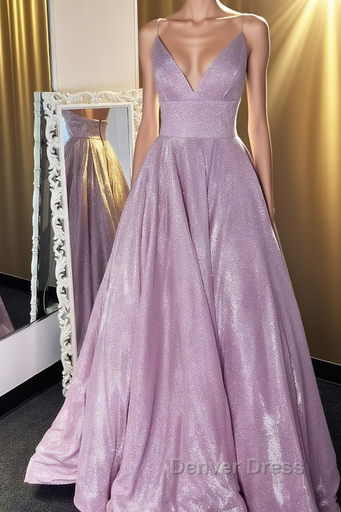 Shiny V Neck Backless Purple Long Prom Dress, Sparkly Backless Purple Prom Dresses Main image