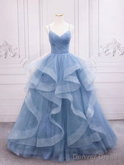 Shiny V Neck Blue Long Prom Dresses, Shiny V Neck Blue Long Formal Graduation Dresses