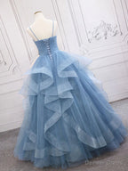 Shiny V Neck Blue Prom Dress, Shiny V Neck Blue Prom Dresses