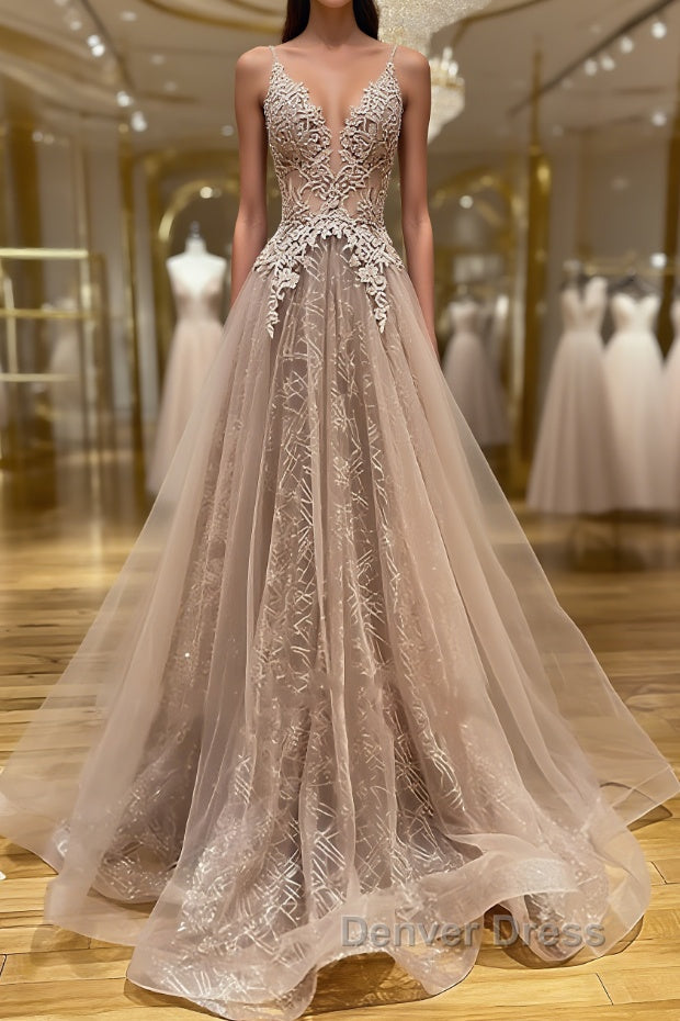 Shiny V Neck Champagne Lace Prom Dress, Champagne V Neck Lace Prom Graduation Prom Dresses Main image