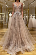 Shiny V Neck Champagne Lace Prom Dress, Champagne V Neck Lace Prom Graduation Prom Dresses