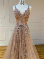 Shiny V Neck Champagne Lace Prom Dress, Champagne V Neck Lace Prom Graduation Prom Dresses
