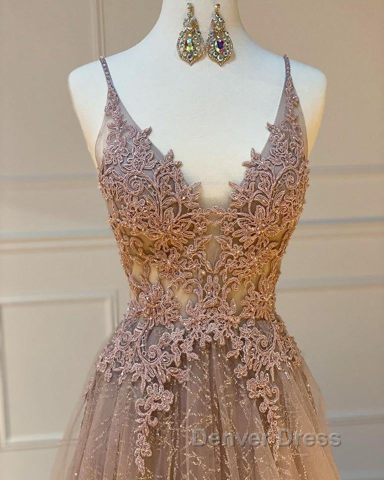 Shiny V Neck Champagne Lace Prom Dress, Champagne V Neck Lace Prom Graduation Prom Dresses