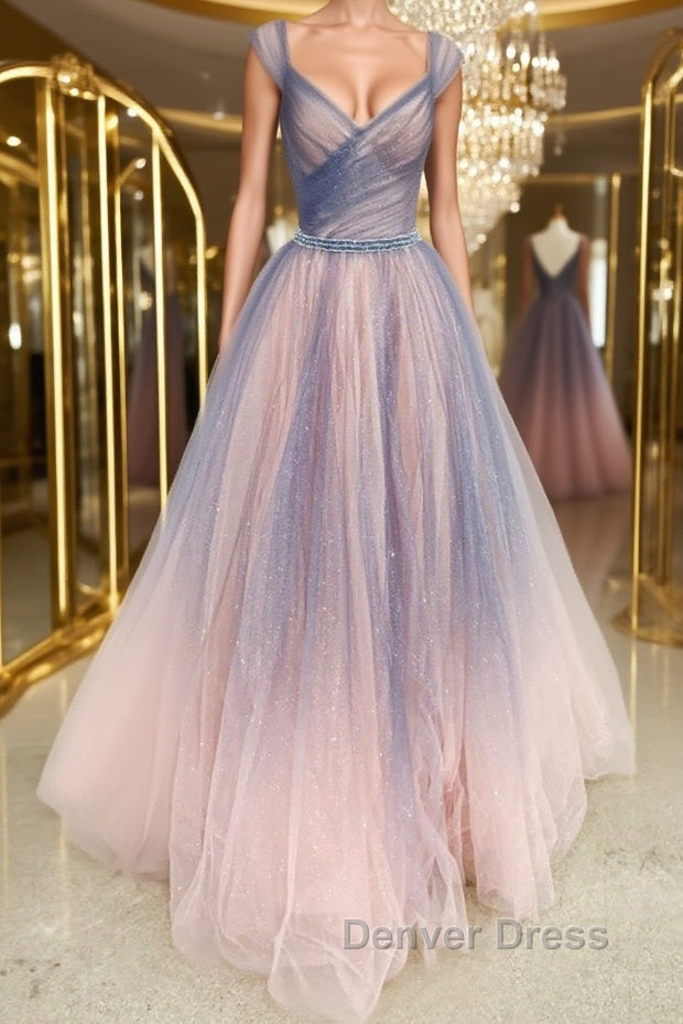 Shiny V Neck Colorful Champagne Long Prom Dress, Champagne Prom Dresses Main image