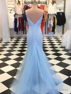 Shiny V Neck Mermaid Blue Prom Dress, V Neck Blue Mermaid Prom Dresses