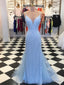 Shiny V Neck Mermaid Blue Prom Dress, V Neck Blue Mermaid Prom Dresses