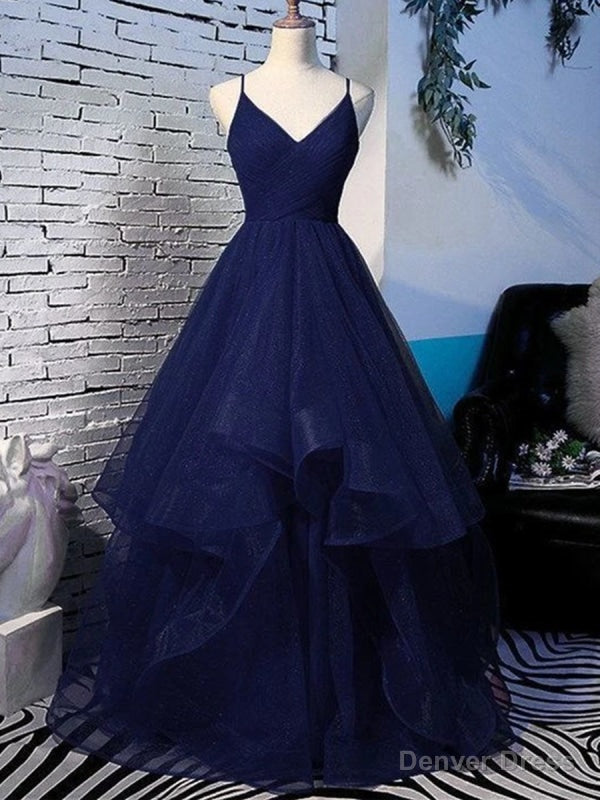 Shiny V Neck Navy Blue Long Prom Dress, Fluffy Navy Blue Prom Dresses, Sparkly Ball