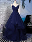 Shiny V Neck Navy Blue Long Prom Dress, Fluffy Navy Blue Prom Dresses, Sparkly Ball