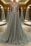 Shiny V Neck Open Back Champagne Long Prom Dress, Champagne Prom Graduation Prom Dresses