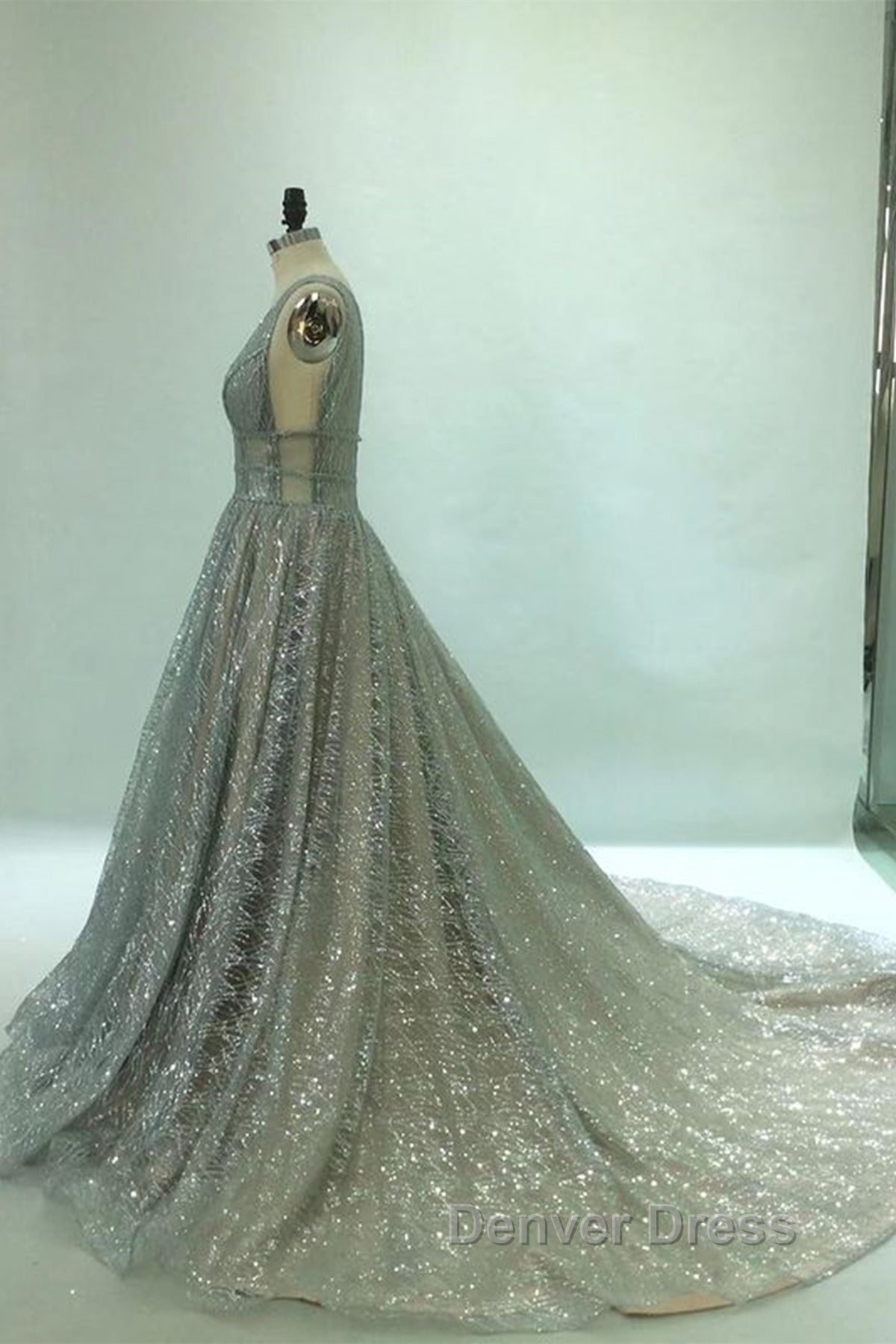 Shiny V Neck Open Back Champagne Long Prom Dress, Champagne Prom Graduation Prom Dresses