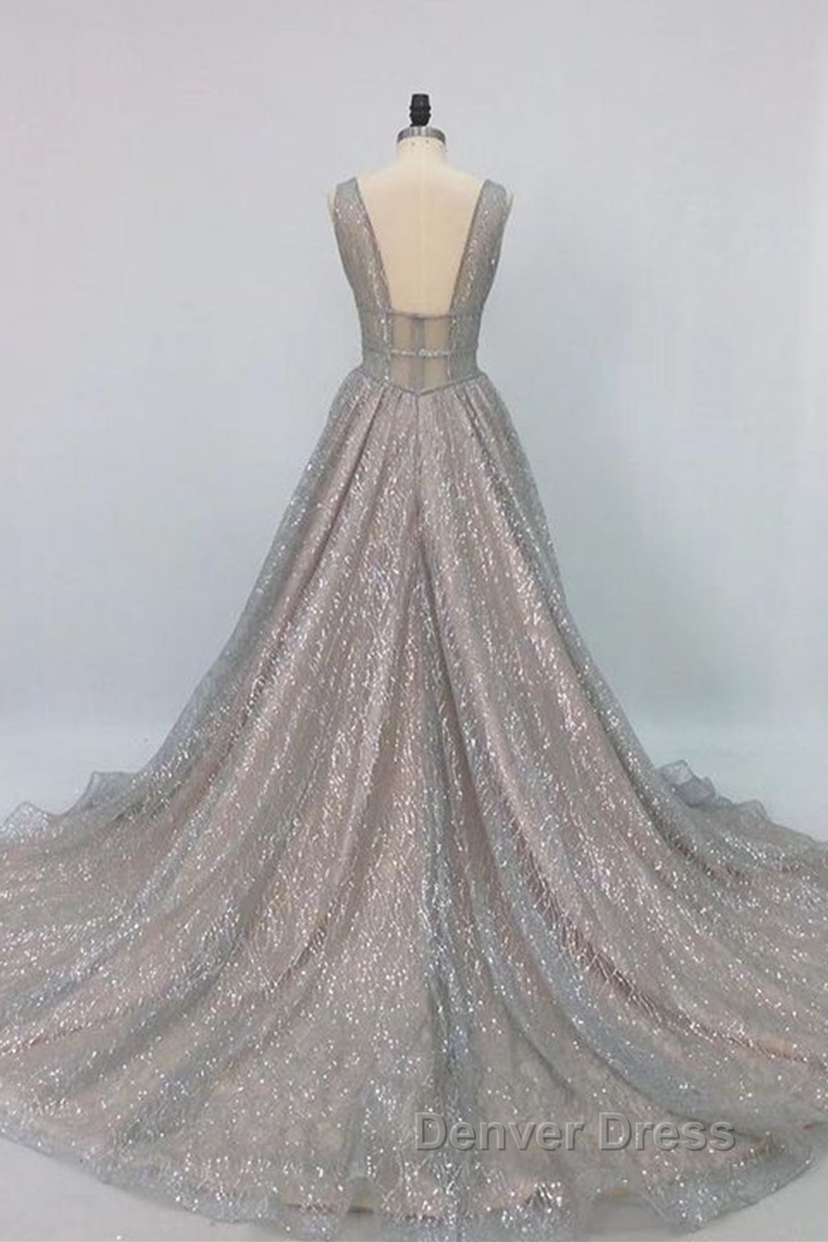 Shiny V Neck Open Back Champagne Long Prom Dress, Champagne Prom Graduation Prom Dresses