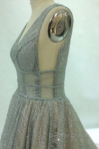 Shiny V Neck Open Back Champagne Long Prom Dress, Champagne Prom Graduation Prom Dresses