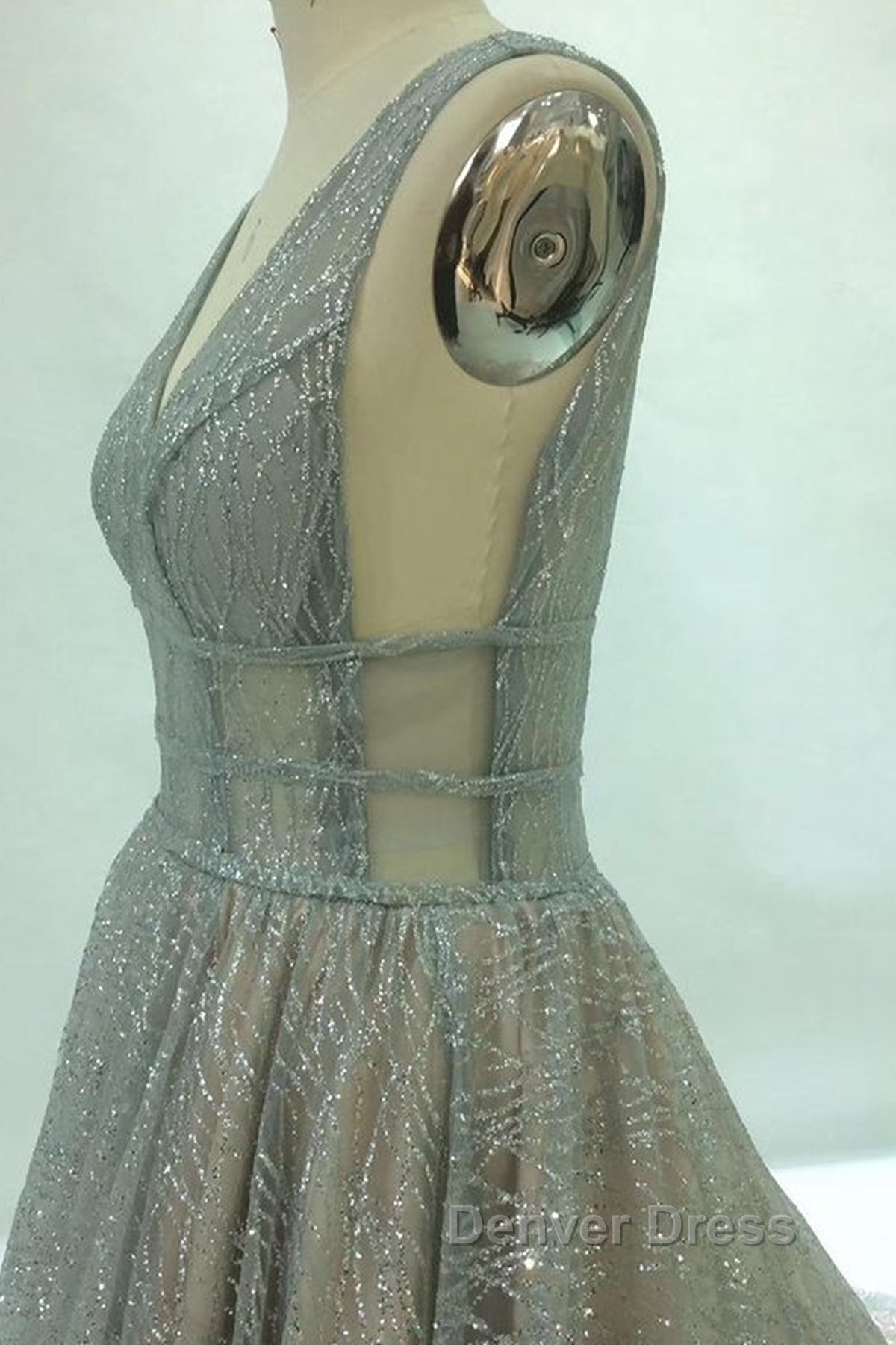 Shiny V Neck Open Back Champagne Long Prom Dress, Champagne Prom Graduation Prom Dresses